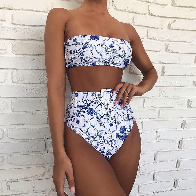 High Waist Bikini Black Swimwear Women Swimsuit High Leg Bikinis Set Women High Waist Bandeau Bikini Set Strapless 2 Piece Bathing Suit Swimsuits Tie Wrap Swimsuits Swimming for Bathing Suit Woman Swimsuits Stevvex