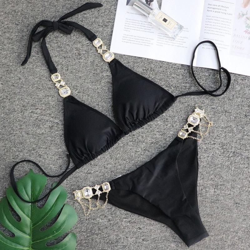Luxury Purple Halter Crystal Diamond Bikini Female Swimsuit Women Swimwear Rhinestone Bikini Set Bathing Suit Women's Swimwear Rhinestone Halter Low Waist Tie Side Bikini Set 2 Pieces Crystal Diamond Swimsuit Stevvex