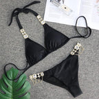 Luxury Purple Halter Crystal Diamond Bikini Female Swimsuit Women Swimwear Rhinestone Bikini Set Bathing Suit Women's Swimwear Rhinestone Halter Low Waist Tie Side Bikini Set 2 Pieces Crystal Diamond Swimsuit Stevvex