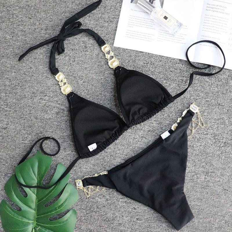 Luxury Purple Halter Crystal Diamond Bikini Female Swimsuit Women Swimwear Rhinestone Bikini Set Bathing Suit Women's Swimwear Rhinestone Halter Low Waist Tie Side Bikini Set 2 Pieces Crystal Diamond Swimsuit Stevvex