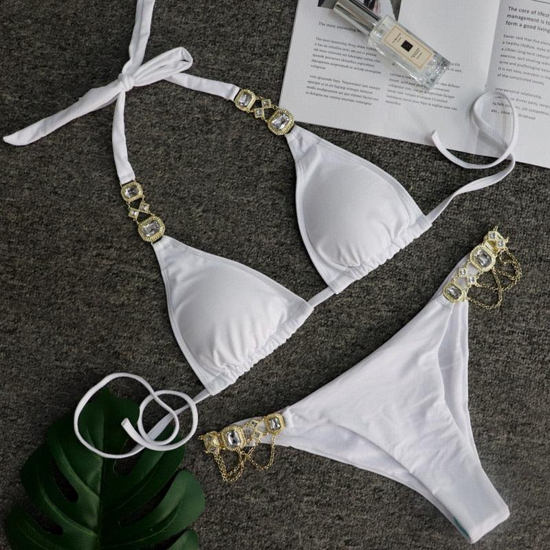 Luxury Purple Halter Crystal Diamond Bikini Female Swimsuit Women Swimwear Rhinestone Bikini Set Bathing Suit Women's Swimwear Rhinestone Halter Low Waist Tie Side Bikini Set 2 Pieces Crystal Diamond Swimsuit Stevvex