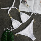 Luxury Purple Halter Crystal Diamond Bikini Female Swimsuit Women Swimwear Rhinestone Bikini Set Bathing Suit Women's Swimwear Rhinestone Halter Low Waist Tie Side Bikini Set 2 Pieces Crystal Diamond Swimsuit Stevvex