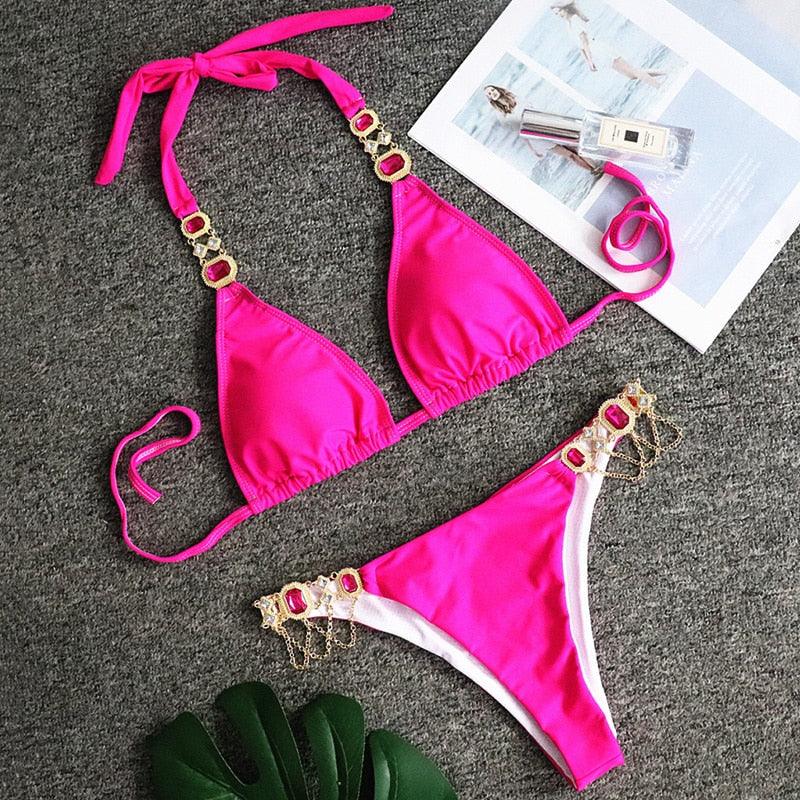Luxury Purple Halter Crystal Diamond Bikini Female Swimsuit Women Swimwear Rhinestone Bikini Set Bathing Suit Women's Swimwear Rhinestone Halter Low Waist Tie Side Bikini Set 2 Pieces Crystal Diamond Swimsuit Stevvex
