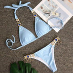 Luxury Purple Halter Crystal Diamond Bikini Female Swimsuit Women Swimwear Rhinestone Bikini Set Bathing Suit Women's Swimwear Rhinestone Halter Low Waist Tie Side Bikini Set 2 Pieces Crystal Diamond Swimsuit Stevvex