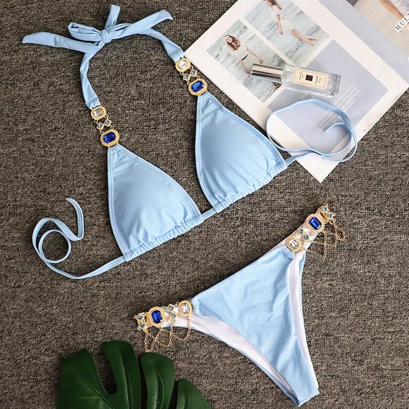 Luxury Purple Halter Crystal Diamond Bikini Female Swimsuit Women Swimwear Rhinestone Bikini Set Bathing Suit Women's Swimwear Rhinestone Halter Low Waist Tie Side Bikini Set 2 Pieces Crystal Diamond Swimsuit Stevvex