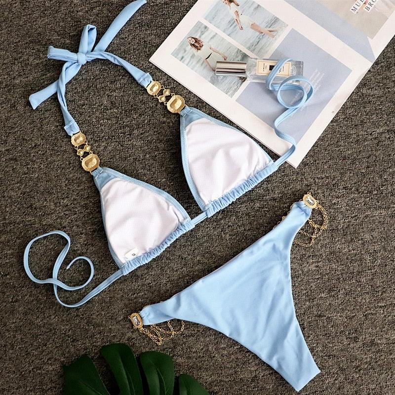 Luxury Purple Halter Crystal Diamond Bikini Female Swimsuit Women Swimwear Rhinestone Bikini Set Bathing Suit Women's Swimwear Rhinestone Halter Low Waist Tie Side Bikini Set 2 Pieces Crystal Diamond Swimsuit Stevvex