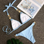 Luxury Purple Halter Crystal Diamond Bikini Female Swimsuit Women Swimwear Rhinestone Bikini Set Bathing Suit Women's Swimwear Rhinestone Halter Low Waist Tie Side Bikini Set 2 Pieces Crystal Diamond Swimsuit Stevvex