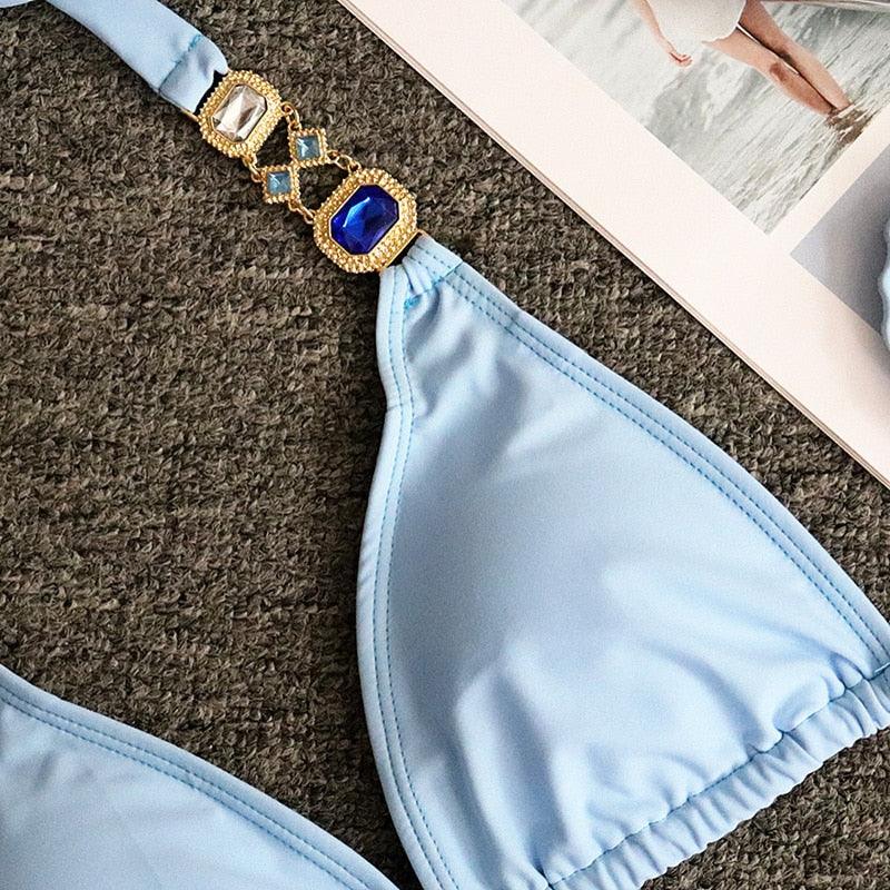 Luxury Purple Halter Crystal Diamond Bikini Female Swimsuit Women Swimwear Rhinestone Bikini Set Bathing Suit Women's Swimwear Rhinestone Halter Low Waist Tie Side Bikini Set 2 Pieces Crystal Diamond Swimsuit Stevvex