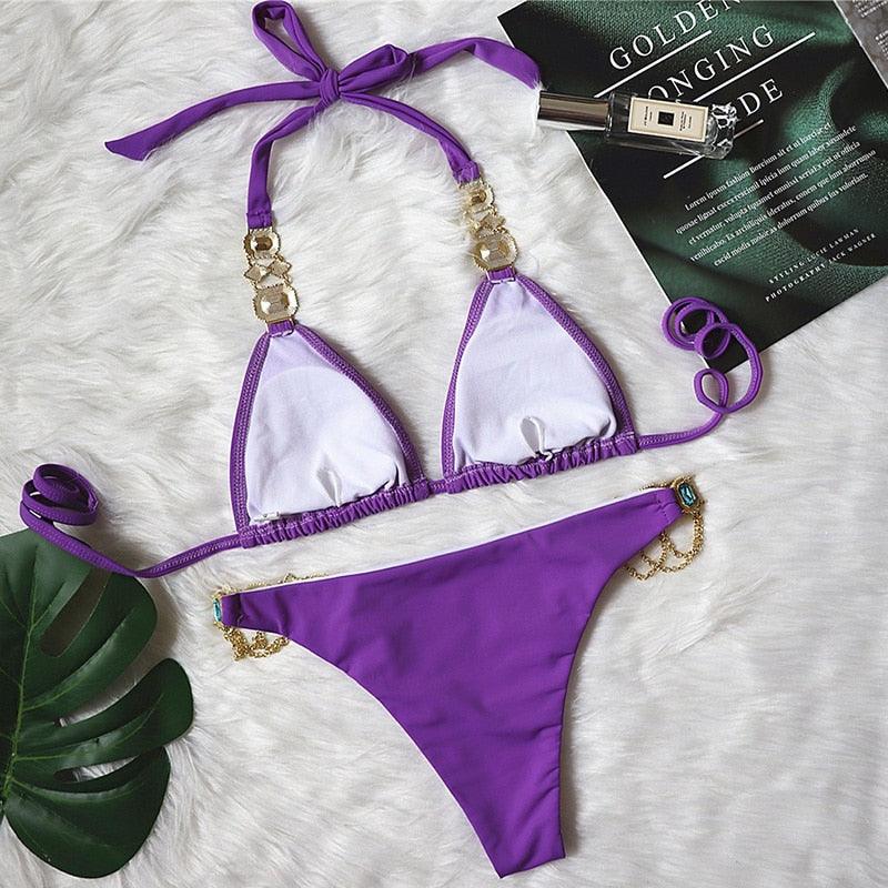 Luxury Purple Halter Crystal Diamond Bikini Female Swimsuit Women Swimwear Rhinestone Bikini Set Bathing Suit Women's Swimwear Rhinestone Halter Low Waist Tie Side Bikini Set 2 Pieces Crystal Diamond Swimsuit Stevvex