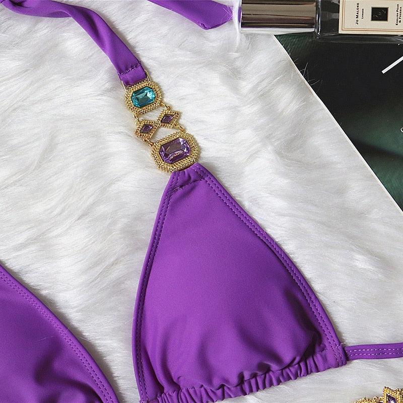 Luxury Purple Halter Crystal Diamond Bikini Female Swimsuit Women Swimwear Rhinestone Bikini Set Bathing Suit Women's Swimwear Rhinestone Halter Low Waist Tie Side Bikini Set 2 Pieces Crystal Diamond Swimsuit Stevvex