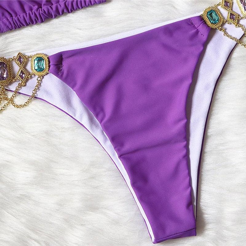 Luxury Purple Halter Crystal Diamond Bikini Female Swimsuit Women Swimwear Rhinestone Bikini Set Bathing Suit Women's Swimwear Rhinestone Halter Low Waist Tie Side Bikini Set 2 Pieces Crystal Diamond Swimsuit Stevvex