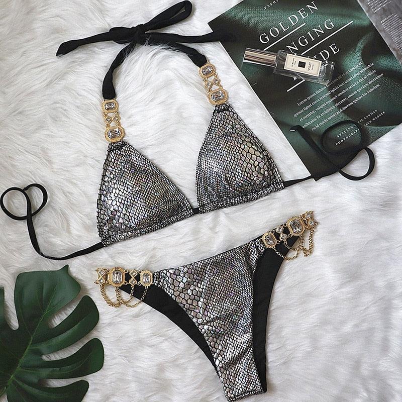 Luxury Purple Halter Crystal Diamond Bikini Female Swimsuit Women Swimwear Rhinestone Bikini Set Bathing Suit Women's Swimwear Rhinestone Halter Low Waist Tie Side Bikini Set 2 Pieces Crystal Diamond Swimsuit Stevvex