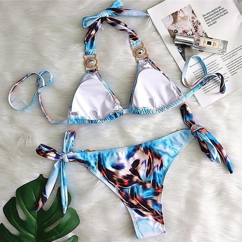 Luxury Purple Halter Crystal Diamond Bikini Female Swimsuit Women Swimwear Rhinestone Bikini Set Bathing Suit Women's Swimwear Rhinestone Halter Low Waist Tie Side Bikini Set 2 Pieces Crystal Diamond Swimsuit Stevvex