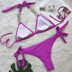 Luxury Purple Halter Crystal Diamond Bikini Female Swimsuit Women Swimwear Rhinestone Bikini Set Bathing Suit Women's Swimwear Rhinestone Halter Low Waist Tie Side Bikini Set 2 Pieces Crystal Diamond Swimsuit Stevvex