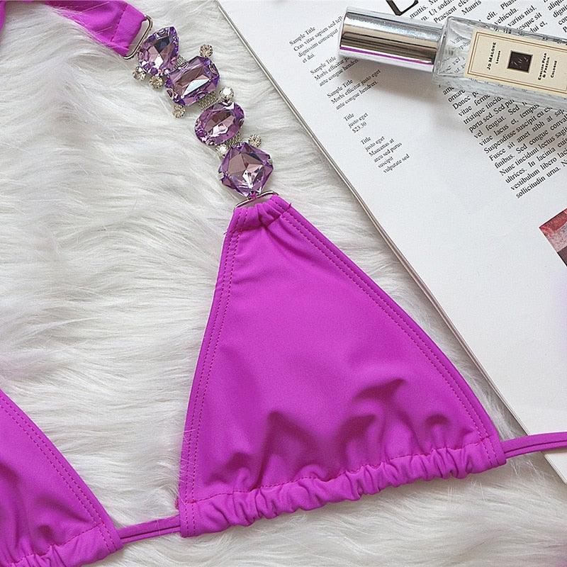 Luxury Purple Halter Crystal Diamond Bikini Female Swimsuit Women Swimwear Rhinestone Bikini Set Bathing Suit Women's Swimwear Rhinestone Halter Low Waist Tie Side Bikini Set 2 Pieces Crystal Diamond Swimsuit Stevvex