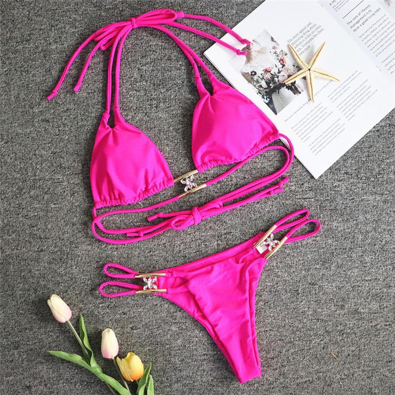 Luxury Purple Halter Crystal Diamond Bikini Female Swimsuit Women Swimwear Rhinestone Bikini Set Bathing Suit Women's Swimwear Rhinestone Halter Low Waist Tie Side Bikini Set 2 Pieces Crystal Diamond Swimsuit Stevvex