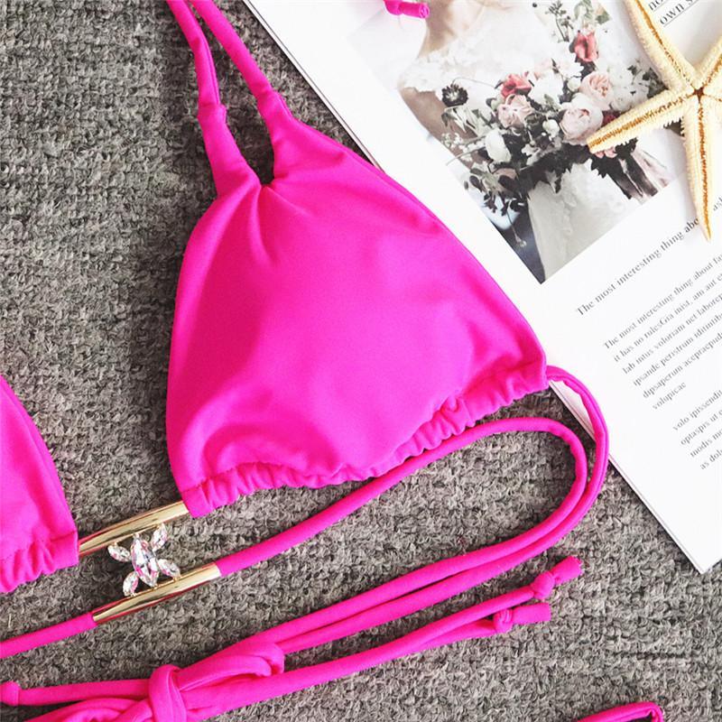 Luxury Purple Halter Crystal Diamond Bikini Female Swimsuit Women Swimwear Rhinestone Bikini Set Bathing Suit Women's Swimwear Rhinestone Halter Low Waist Tie Side Bikini Set 2 Pieces Crystal Diamond Swimsuit Stevvex