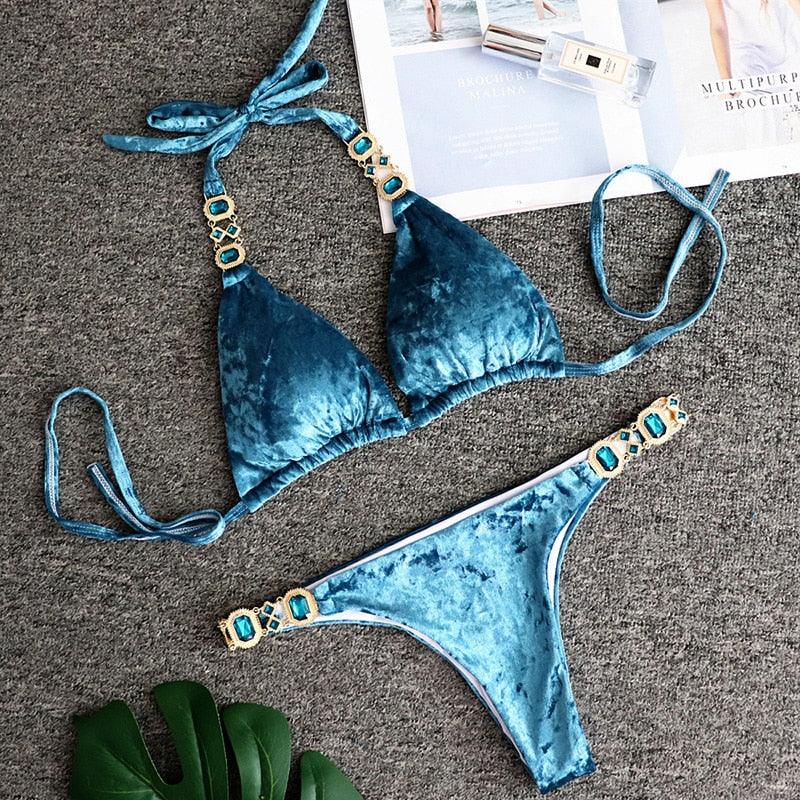 Luxury Purple Halter Crystal Diamond Bikini Female Swimsuit Women Swimwear Rhinestone Bikini Set Bathing Suit Women's Swimwear Rhinestone Halter Low Waist Tie Side Bikini Set 2 Pieces Crystal Diamond Swimsuit Stevvex