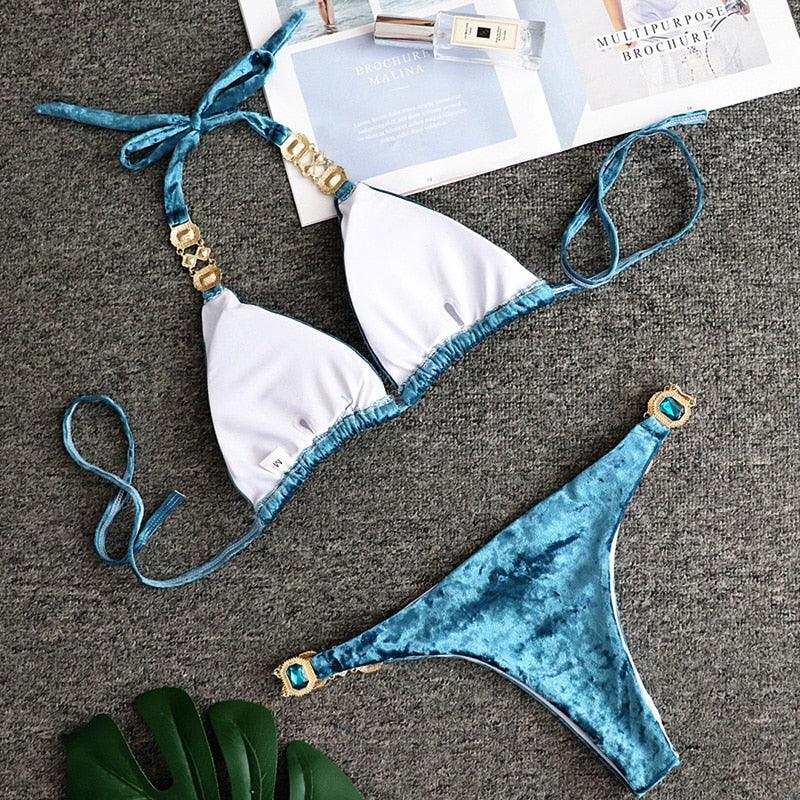 Luxury Purple Halter Crystal Diamond Bikini Female Swimsuit Women Swimwear Rhinestone Bikini Set Bathing Suit Women's Swimwear Rhinestone Halter Low Waist Tie Side Bikini Set 2 Pieces Crystal Diamond Swimsuit Stevvex