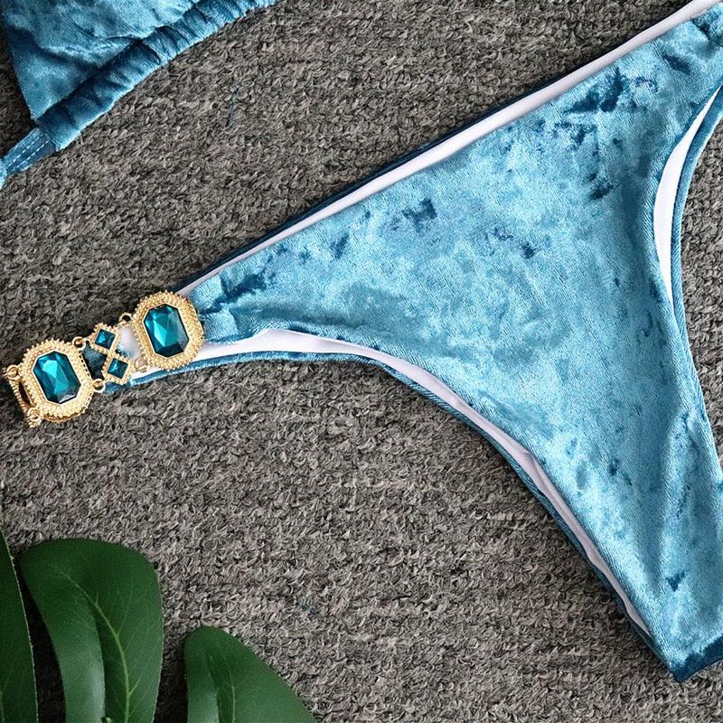 Luxury Purple Halter Crystal Diamond Bikini Female Swimsuit Women Swimwear Rhinestone Bikini Set Bathing Suit Women's Swimwear Rhinestone Halter Low Waist Tie Side Bikini Set 2 Pieces Crystal Diamond Swimsuit Stevvex