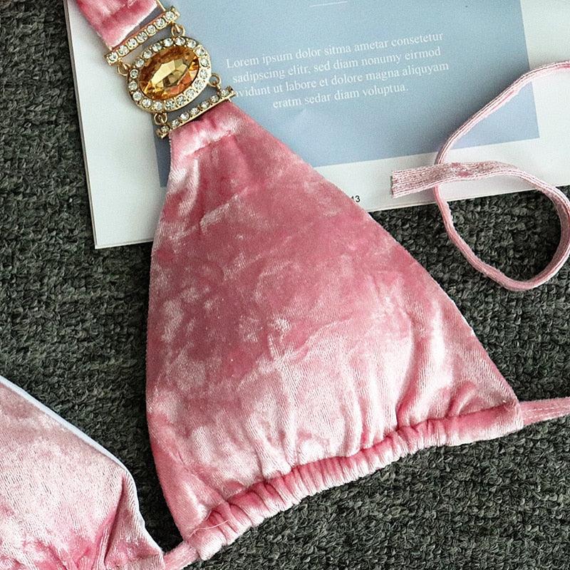 Luxury Purple Halter Crystal Diamond Bikini Female Swimsuit Women Swimwear Rhinestone Bikini Set Bathing Suit Women's Swimwear Rhinestone Halter Low Waist Tie Side Bikini Set 2 Pieces Crystal Diamond Swimsuit Stevvex