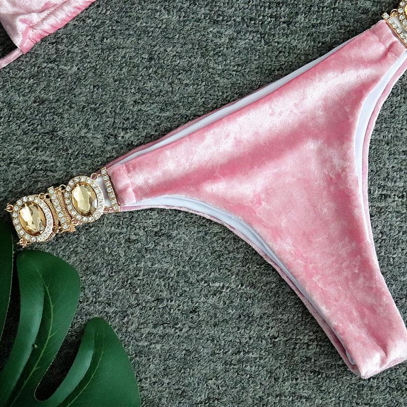 Luxury Purple Halter Crystal Diamond Bikini Female Swimsuit Women Swimwear Rhinestone Bikini Set Bathing Suit Women's Swimwear Rhinestone Halter Low Waist Tie Side Bikini Set 2 Pieces Crystal Diamond Swimsuit Stevvex