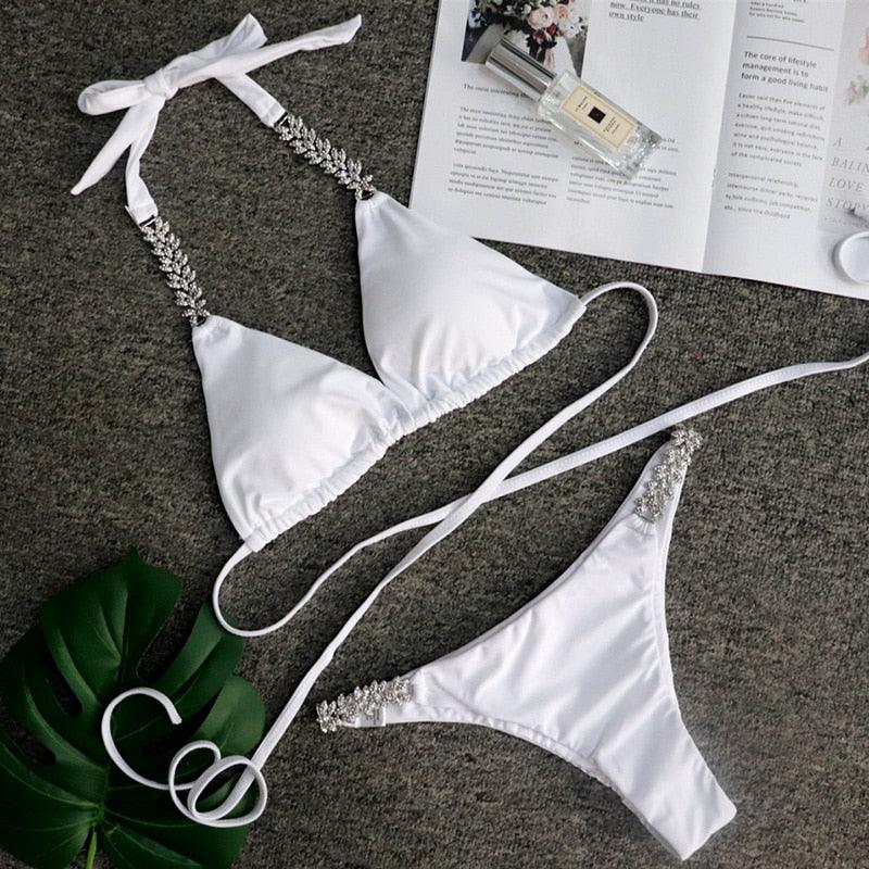 Luxury Purple Halter Crystal Diamond Bikini Female Swimsuit Women Swimwear Rhinestone Bikini Set Bathing Suit Women's Swimwear Rhinestone Halter Low Waist Tie Side Bikini Set 2 Pieces Crystal Diamond Swimsuit Stevvex