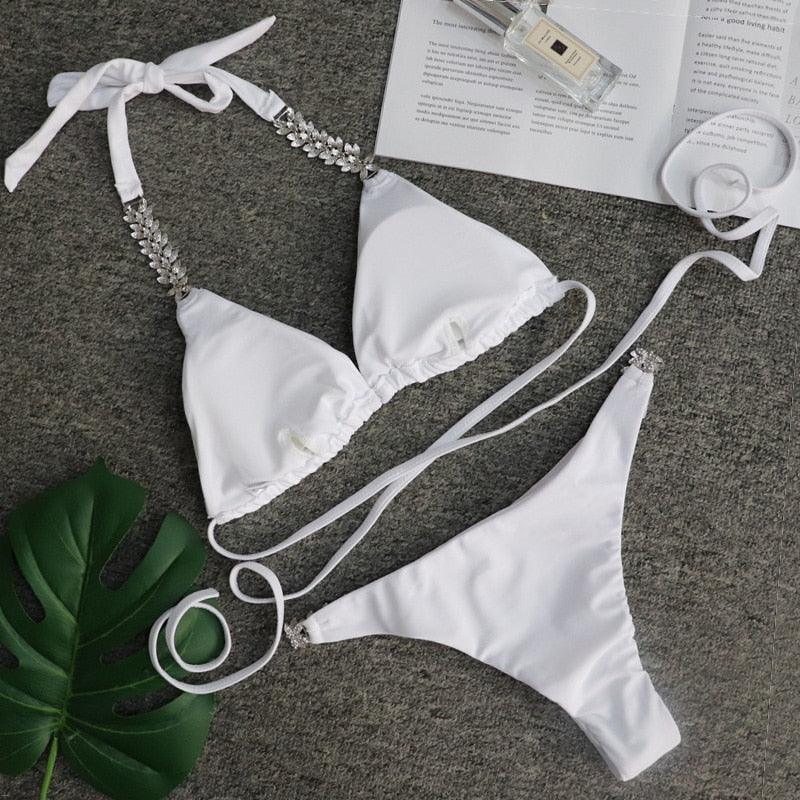 Luxury Purple Halter Crystal Diamond Bikini Female Swimsuit Women Swimwear Rhinestone Bikini Set Bathing Suit Women's Swimwear Rhinestone Halter Low Waist Tie Side Bikini Set 2 Pieces Crystal Diamond Swimsuit Stevvex