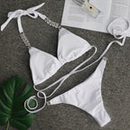 Luxury Purple Halter Crystal Diamond Bikini Female Swimsuit Women Swimwear Rhinestone Bikini Set Bathing Suit Women's Swimwear Rhinestone Halter Low Waist Tie Side Bikini Set 2 Pieces Crystal Diamond Swimsuit Stevvex