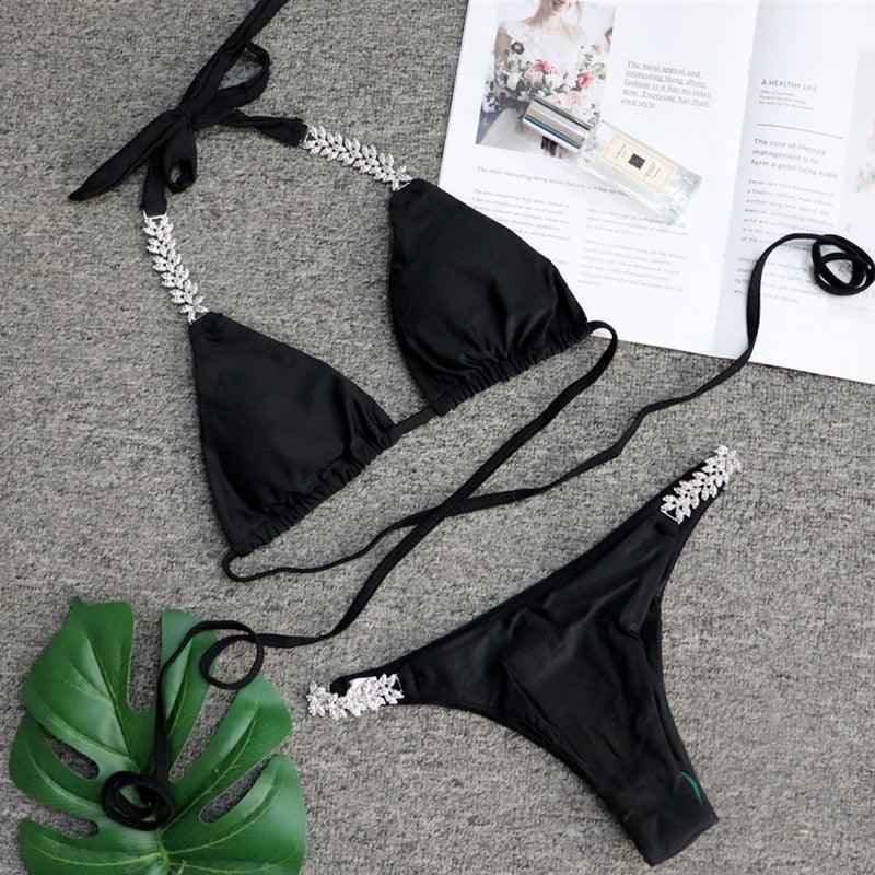 Luxury Purple Halter Crystal Diamond Bikini Female Swimsuit Women Swimwear Rhinestone Bikini Set Bathing Suit Women's Swimwear Rhinestone Halter Low Waist Tie Side Bikini Set 2 Pieces Crystal Diamond Swimsuit Stevvex