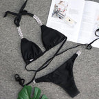 Luxury Purple Halter Crystal Diamond Bikini Female Swimsuit Women Swimwear Rhinestone Bikini Set Bathing Suit Women's Swimwear Rhinestone Halter Low Waist Tie Side Bikini Set 2 Pieces Crystal Diamond Swimsuit Stevvex