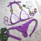 Luxury Purple Halter Crystal Diamond Bikini Female Swimsuit Women Swimwear Rhinestone Bikini Set Bathing Suit Women's Swimwear Rhinestone Halter Low Waist Tie Side Bikini Set 2 Pieces Crystal Diamond Swimsuit Stevvex