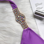 Luxury Purple Halter Crystal Diamond Bikini Female Swimsuit Women Swimwear Rhinestone Bikini Set Bathing Suit Women's Swimwear Rhinestone Halter Low Waist Tie Side Bikini Set 2 Pieces Crystal Diamond Swimsuit Stevvex