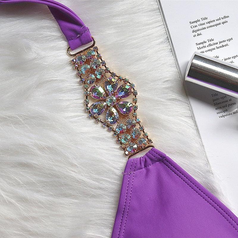 Luxury Purple Halter Crystal Diamond Bikini Female Swimsuit Women Swimwear Rhinestone Bikini Set Bathing Suit Women's Swimwear Rhinestone Halter Low Waist Tie Side Bikini Set 2 Pieces Crystal Diamond Swimsuit Stevvex