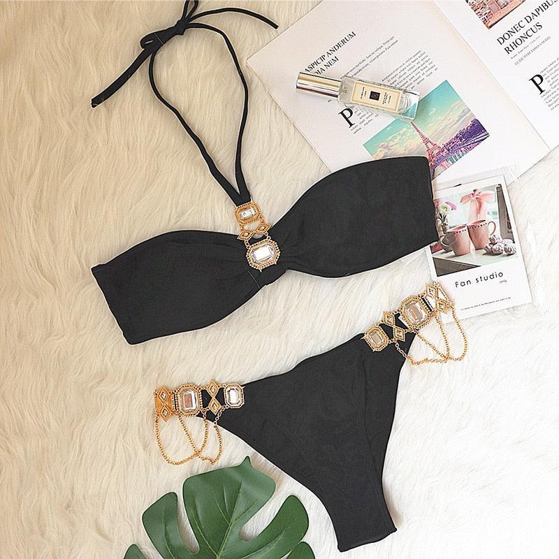 Luxury Purple Halter Crystal Diamond Bikini Female Swimsuit Women Swimwear Rhinestone Bikini Set Bathing Suit Women's Swimwear Rhinestone Halter Low Waist Tie Side Bikini Set 2 Pieces Crystal Diamond Swimsuit Stevvex