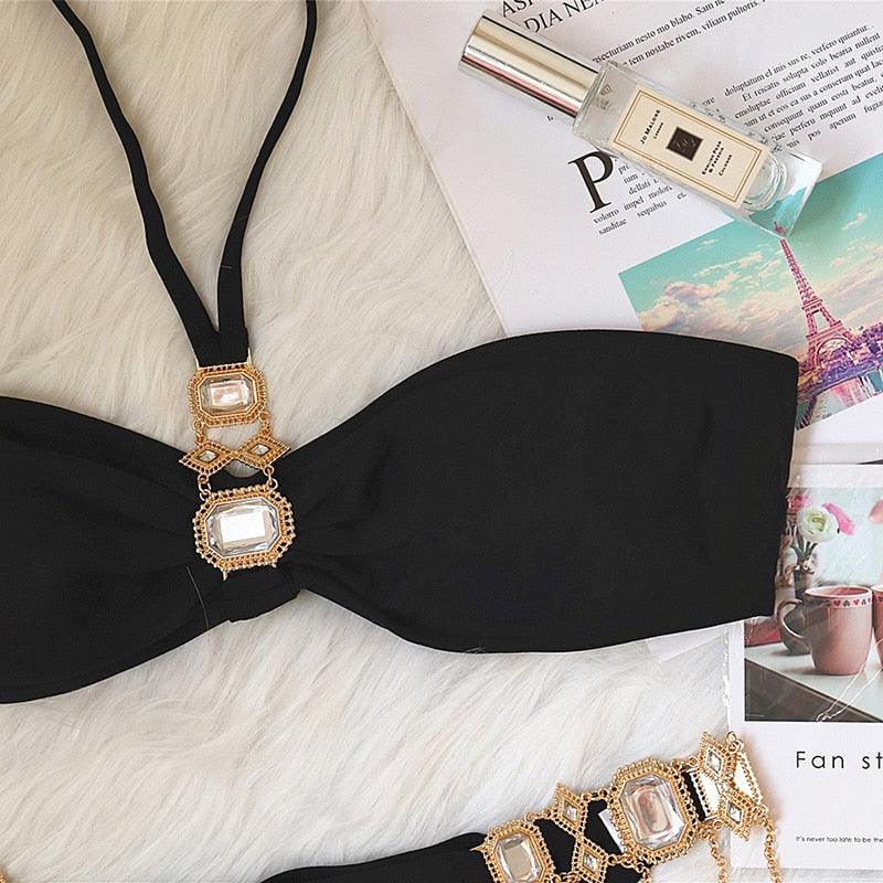 Luxury Purple Halter Crystal Diamond Bikini Female Swimsuit Women Swimwear Rhinestone Bikini Set Bathing Suit Women's Swimwear Rhinestone Halter Low Waist Tie Side Bikini Set 2 Pieces Crystal Diamond Swimsuit Stevvex