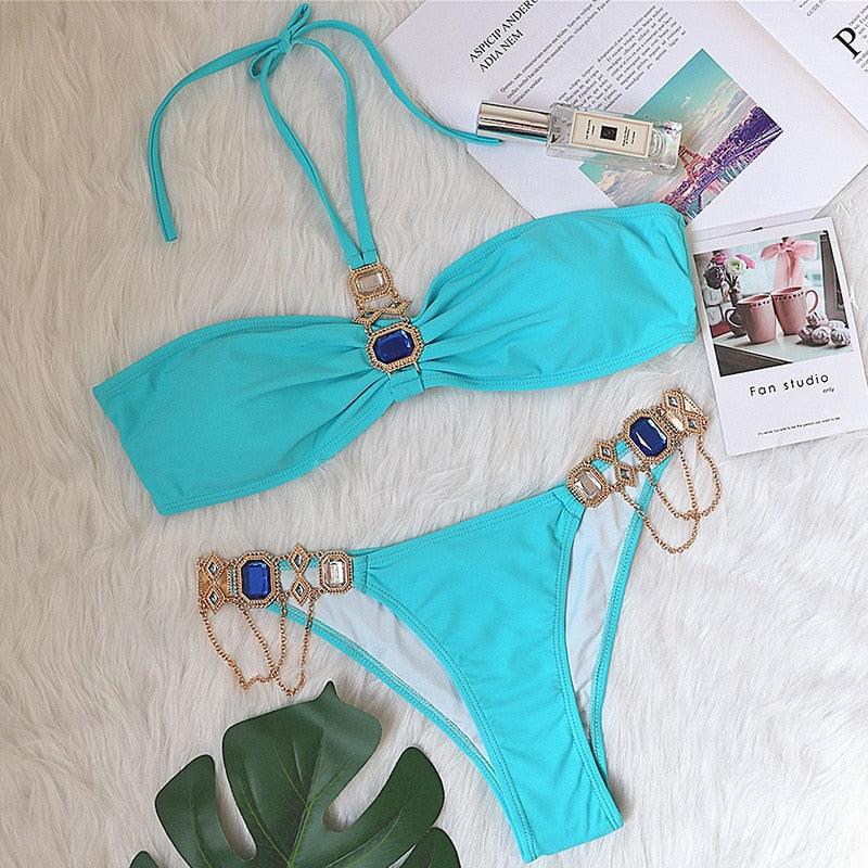 Luxury Purple Halter Crystal Diamond Bikini Female Swimsuit Women Swimwear Rhinestone Bikini Set Bathing Suit Women's Swimwear Rhinestone Halter Low Waist Tie Side Bikini Set 2 Pieces Crystal Diamond Swimsuit Stevvex