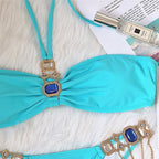 Luxury Purple Halter Crystal Diamond Bikini Female Swimsuit Women Swimwear Rhinestone Bikini Set Bathing Suit Women's Swimwear Rhinestone Halter Low Waist Tie Side Bikini Set 2 Pieces Crystal Diamond Swimsuit Stevvex