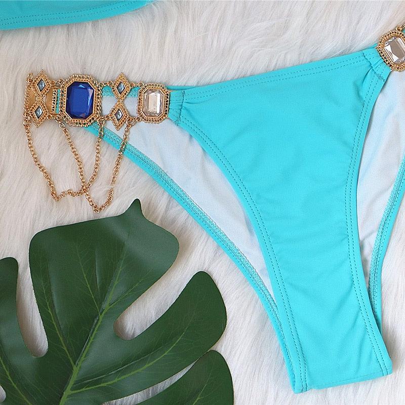 Luxury Purple Halter Crystal Diamond Bikini Female Swimsuit Women Swimwear Rhinestone Bikini Set Bathing Suit Women's Swimwear Rhinestone Halter Low Waist Tie Side Bikini Set 2 Pieces Crystal Diamond Swimsuit Stevvex