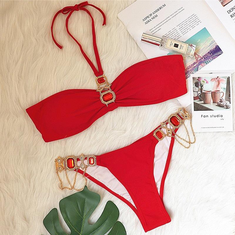 Luxury Purple Halter Crystal Diamond Bikini Female Swimsuit Women Swimwear Rhinestone Bikini Set Bathing Suit Women's Swimwear Rhinestone Halter Low Waist Tie Side Bikini Set 2 Pieces Crystal Diamond Swimsuit Stevvex