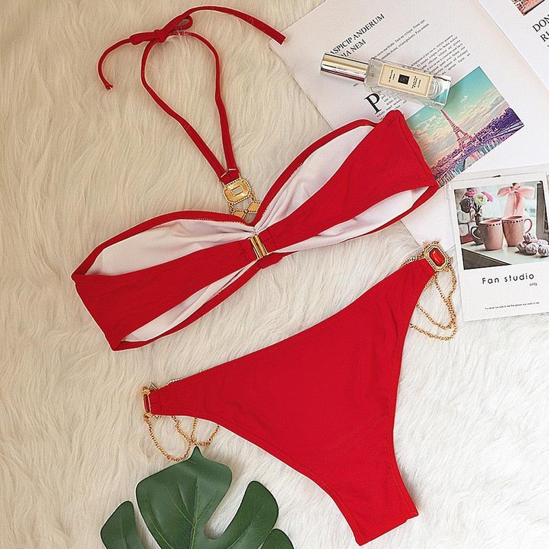 Luxury Purple Halter Crystal Diamond Bikini Female Swimsuit Women Swimwear Rhinestone Bikini Set Bathing Suit Women's Swimwear Rhinestone Halter Low Waist Tie Side Bikini Set 2 Pieces Crystal Diamond Swimsuit Stevvex
