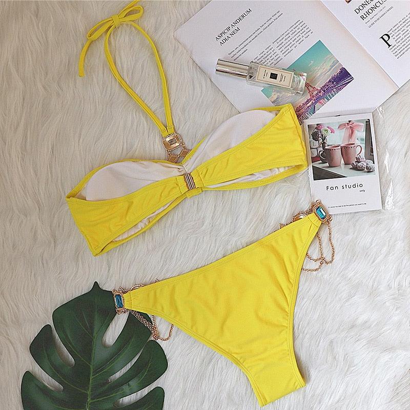 Luxury Purple Halter Crystal Diamond Bikini Female Swimsuit Women Swimwear Rhinestone Bikini Set Bathing Suit Women's Swimwear Rhinestone Halter Low Waist Tie Side Bikini Set 2 Pieces Crystal Diamond Swimsuit Stevvex