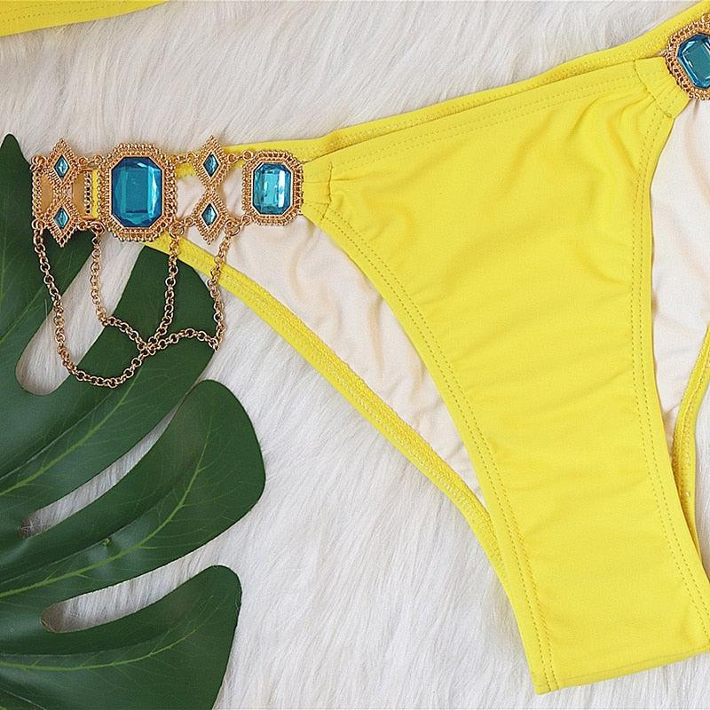 Luxury Purple Halter Crystal Diamond Bikini Female Swimsuit Women Swimwear Rhinestone Bikini Set Bathing Suit Women's Swimwear Rhinestone Halter Low Waist Tie Side Bikini Set 2 Pieces Crystal Diamond Swimsuit Stevvex