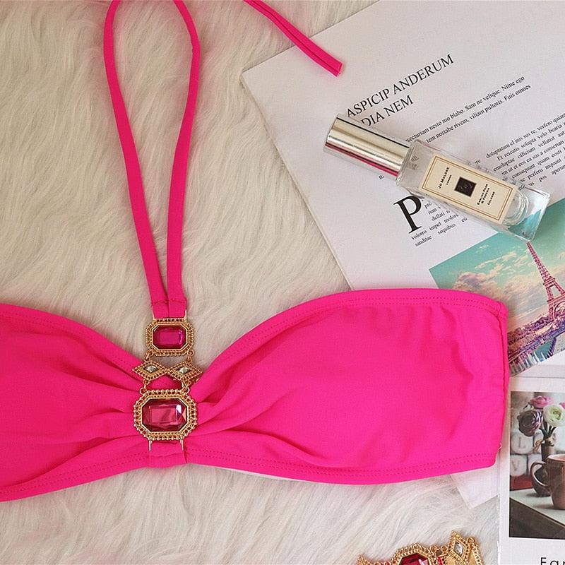Luxury Purple Halter Crystal Diamond Bikini Female Swimsuit Women Swimwear Rhinestone Bikini Set Bathing Suit Women's Swimwear Rhinestone Halter Low Waist Tie Side Bikini Set 2 Pieces Crystal Diamond Swimsuit Stevvex