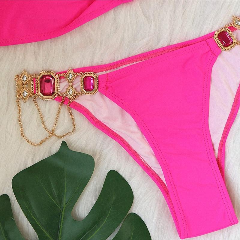 Luxury Purple Halter Crystal Diamond Bikini Female Swimsuit Women Swimwear Rhinestone Bikini Set Bathing Suit Women's Swimwear Rhinestone Halter Low Waist Tie Side Bikini Set 2 Pieces Crystal Diamond Swimsuit Stevvex
