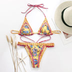 Vintage Print Bikini Female Handwork Small Ruffle Swimming Suit For Women Swimwear High Cut Bikini Set String Print Halter String Triangle Bikini Set Luxury Swimwear Two Piece Swimsuit