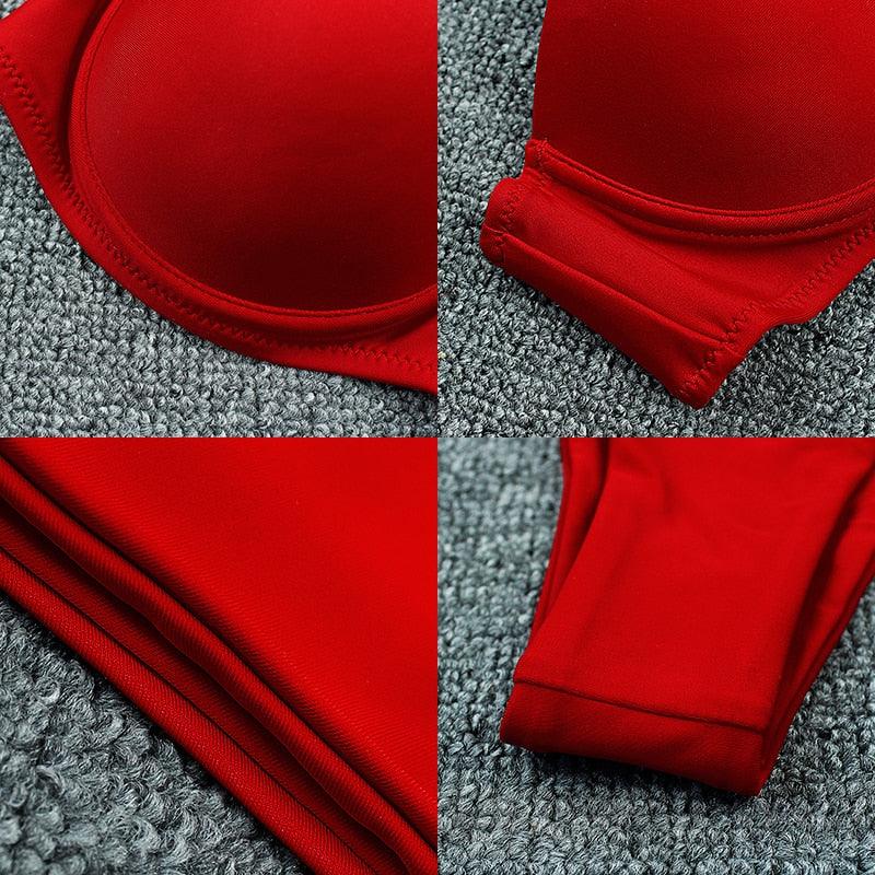 New Bikini Fashion Push Up Bikini Set Swimsuit Bikini Sets Push Up Swimsuits 2 Piece Underwired Bathing Suits Women Bandage High Waist Solid Brown Triangle Swimwear Two-Piece Suits Stevvex