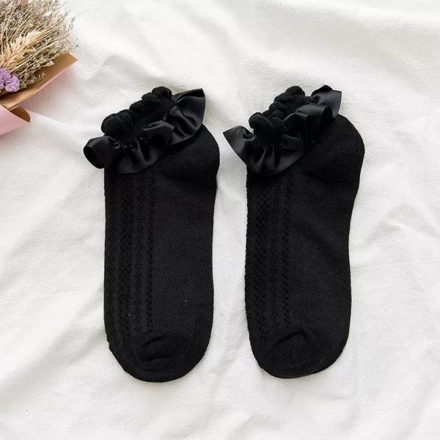 Women Lace Mesh Black White Cotton Socks Japanese Maiden Lovely Short Socks Frilly Ruffle Princess Socks For Women Stevvex