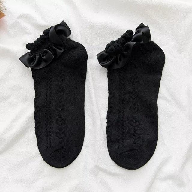 Women Lace Mesh Black White Cotton Socks Japanese Maiden Lovely Short Socks Frilly Ruffle Princess Socks For Women Stevvex