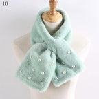 New Winter Solid Color Warm Thicken Soft Collar Scarf Faux Rabbit Fur Neckerchief Plush Warm Hot Scarfs Cross Collar Scarf Shawl Solid With Pearl Elegant For Women Stevvex